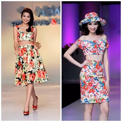 Những chiếc crop top hoa mix với chân váy hoa cùng màu rất nổi bật và duyên dáng