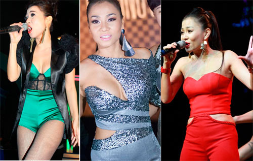 1. Thu Minh Mặc dù thời gian gần đây Thu Minh đã hoàn toàn thay đổi diện mạo mới cho phong cách của mình: thanh lịch và kín đáo hơn nhưng ký ức về một Thu Minh bốc lửa, sexy trên sân khấu vẫn chưa phai nhạt trong trâm trí khán giả yêu nhạc. Qủa bom sex của làng nhạc Việt đã không ít lần gây sốc với những bộ cánh thiếu vải, phô diễn đường cong bỏng mắt. Hậu quả là cô đã bị Sở văn hóa thể thao và du lịch 'tuýt còi' vào hồi tháng 5 vừa qua vì mặc một chiếc áo quá hở hang trong chương trình Ngàn sao hội tụ. Cũng từ sự vụ này mà người đẹp đã ý thức hơn với hình ảnh của mình. 1. Thu Minh Mặc dù thời gian gần đây Thu Minh đã hoàn toàn thay đổi diện mạo mới cho phong cách của mình: thanh lịch và kín đáo hơn nhưng ký ức về một Thu Minh bốc lửa, sexy trên sân khấu vẫn chưa phai nhạt trong trâm trí khán giả yêu nhạc. Qủa bom sex của làng nhạc Việt đã không ít lần gây sốc với những bộ cánh thiếu vải, phô diễn đường cong bỏng mắt. Hậu quả là cô đã bị Sở văn hóa thể thao và du lịch 'tuýt còi' vào hồi tháng 5 vừa qua vì mặc một chiếc áo quá hở hang trong chương trình Ngàn sao hội tụ. Cũng từ sự vụ này mà người đẹp đã ý thức hơn với hình ảnh của mình.