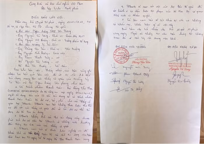 Biên bản làm việc đại diện một số giáo viên, hiệu trưởng và đại diện ngân hàng có yêu cầu giáo viên cam kết không khiếu kiện khiếu nại về vụ việc. Ảnh: NVCC
