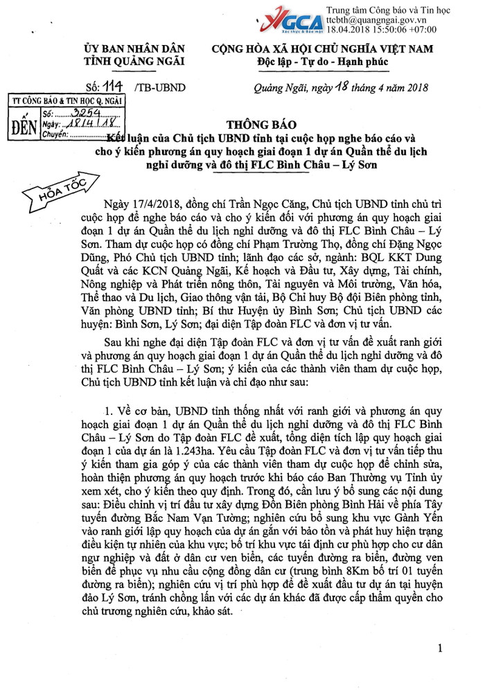 Công văn hỏa tốc thông báo ý kiến chỉ đạo của Chủ tịch Ủy ban nhân dân tỉnh Quảng Ngãi ưu ái cho FLC xây khách sạn, sân golf. Ảnh: Vũ Phương. Công văn hỏa tốc thông báo ý kiến chỉ đạo của Chủ tịch Ủy ban nhân dân tỉnh Quảng Ngãi ưu ái cho FLC xây khách sạn, sân golf. Ảnh: Vũ Phương.