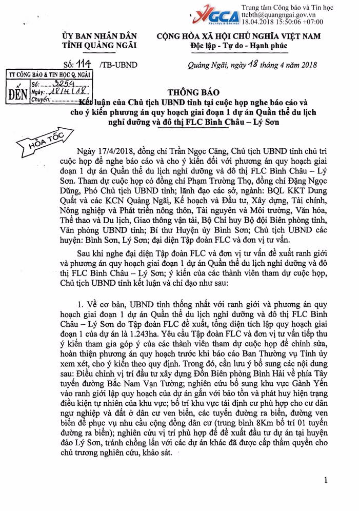 Công văn hỏa tốc thông báo ý kiến chỉ đạo của Chủ tịch Ủy ban nhân dân tỉnh Quảng Ngãi ưu ái cho FLC xây khách sạn, sân golf. Ảnh: Vũ Phương. Công văn hỏa tốc thông báo ý kiến chỉ đạo của Chủ tịch Ủy ban nhân dân tỉnh Quảng Ngãi ưu ái cho FLC xây khách sạn, sân golf. Ảnh: Vũ Phương.