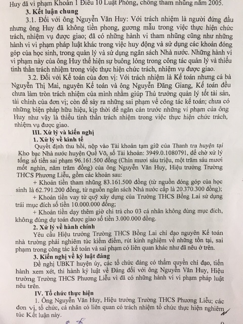 Kết luận của Ủy ban nhân dân huyện Quế Võ đã chỉ rõ những vi phạm pháp luật của ông Nguyễn Văn Huy - Hiệu trưởng Trường trung học cơ sở Phương Liễu. Ảnh: V.P
