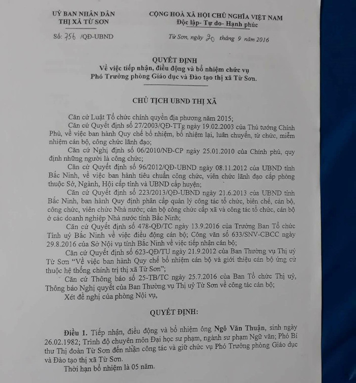Quyết định bổ nhiệm ông Ngô Văn Thuận gữ chức Phó Trưởng phòng Giáo dục và Đào tạo thị xã Từ Sơn được cho là có nhiều điểm bất thường. Ảnh: V.P Quyết định bổ nhiệm ông Ngô Văn Thuận gữ chức Phó Trưởng phòng Giáo dục và Đào tạo thị xã Từ Sơn được cho là có nhiều điểm bất thường. Ảnh: V.P