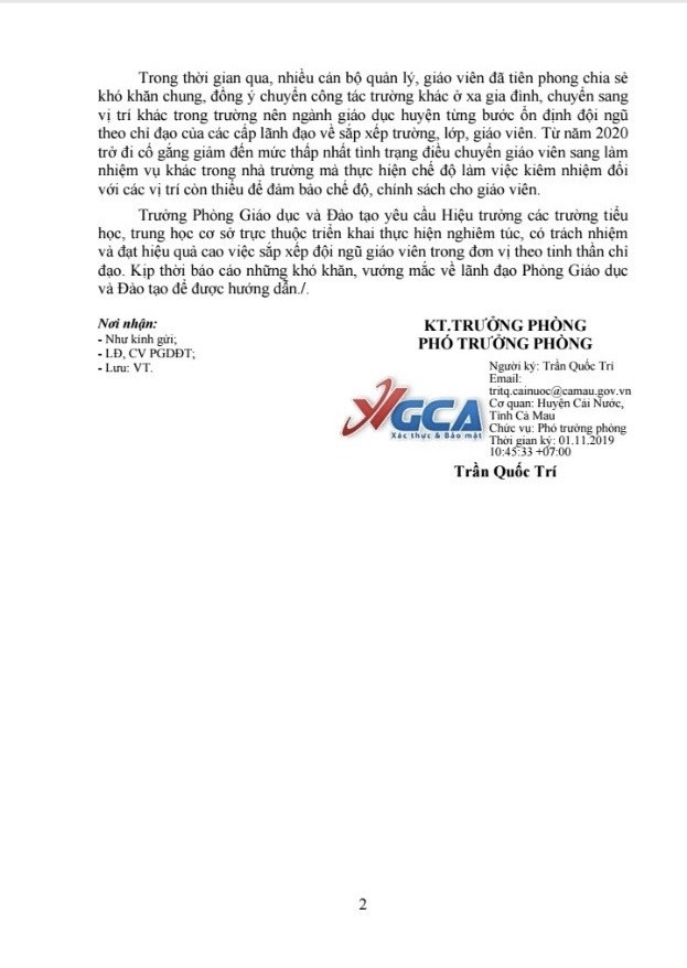 Ngày 01/11/2019, Phòng Giáo dục và Đào tạo huyện Cái Nước đã ban hành công văn số 319/PGD-ĐT về việc tiếp tục sắp xếp đội ngũ giáo viên năm học 2019-2020. (Ảnh do tác giả cung cấp) Ngày 01/11/2019, Phòng Giáo dục và Đào tạo huyện Cái Nước đã ban hành công văn số 319/PGD-ĐT về việc tiếp tục sắp xếp đội ngũ giáo viên năm học 2019-2020. (Ảnh do tác giả cung cấp)