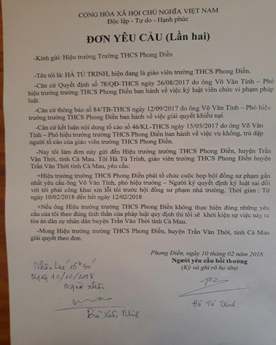 Đơn yêu cầu (lần 2) ông Võ Văn Tính phải xin lỗi cô Trinh công khai (ảnh: P.L)