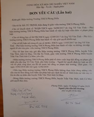 Đơn yêu cầu (lần 2) ông Võ Văn Tính phải xin lỗi cô Trinh công khai (ảnh: P.L)