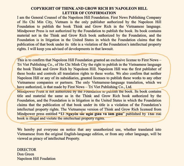 Thư xác nhận bản quyền xuất bản cuốn sách "Think and Grow Rich" từ Napoleon Hills Foundation