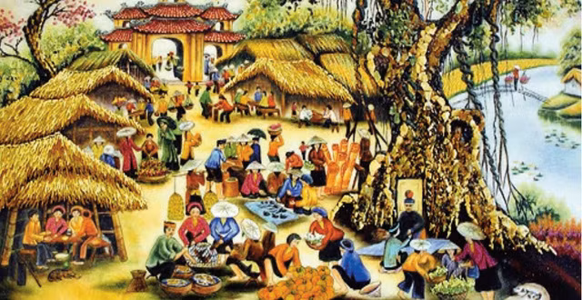 Phiên chợ Tết (Tranh minh họa trên Giadinh.net.vn)