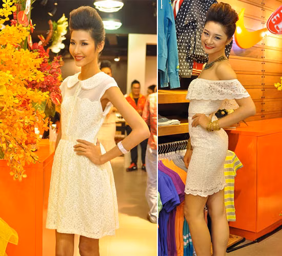 Hoàng Thuỳ và Trà My dịu dàng váy ren trắng