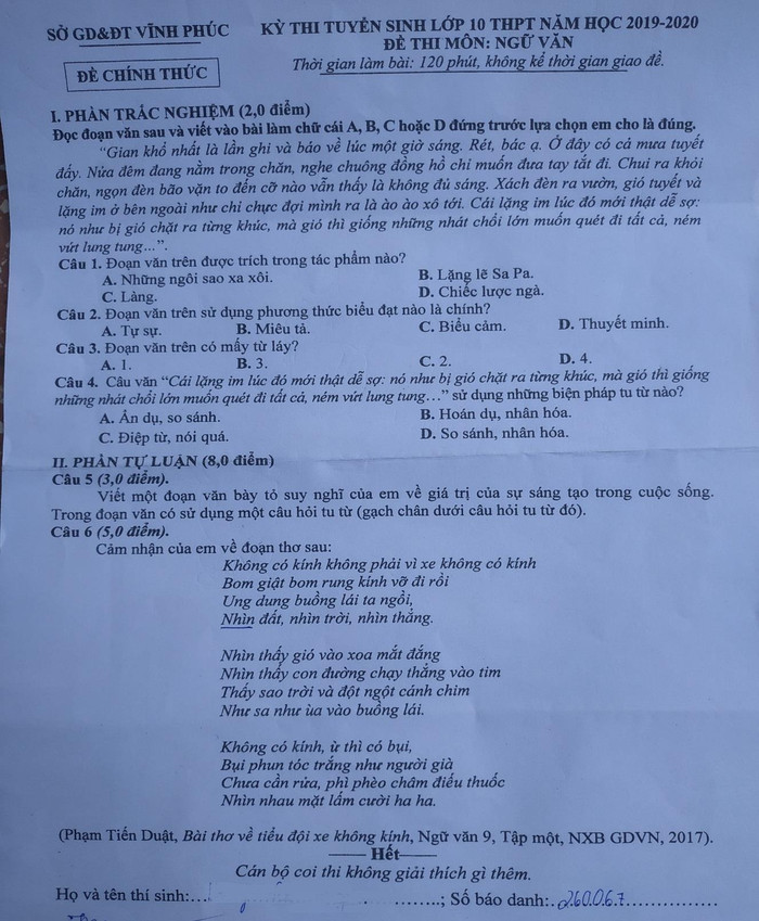 Đề thi môn Ngữ văn trong kỳ thi tuyển sinh vào lớp 10 trung học phổ thông năm 2019. Đề thi môn Ngữ văn trong kỳ thi tuyển sinh vào lớp 10 trung học phổ thông năm 2019.