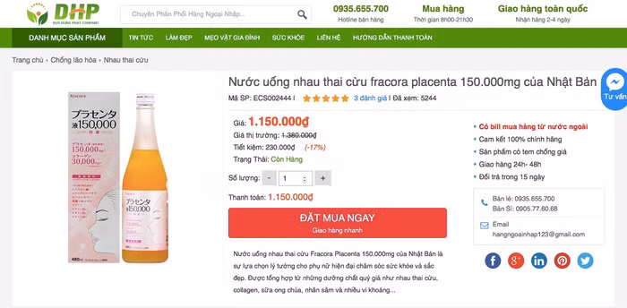 Cục An toàn thực phẩm cảnh báo về thông tin quảng sản phẩm Thực phẩm bảo vệ sức khỏe Fracora Placenta Drink 150.000 mg trên website: hangngoainhap.com.vn có dấu hiệu lừa dối người tiêu dùng.