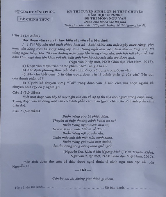Đề thi môn Ngữ văn trong kỳ thi tuyển sinh trung học phổ thông chuyên Vĩnh Phúc Đề thi môn Ngữ văn trong kỳ thi tuyển sinh trung học phổ thông chuyên Vĩnh Phúc