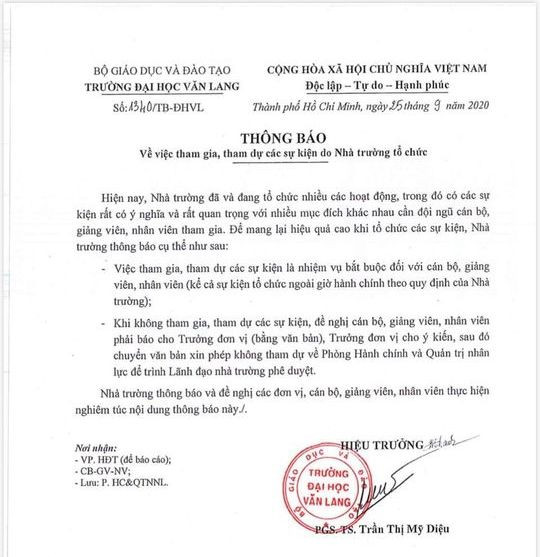 Thông báo số 1340 do Hiệu trưởng Trường Đại học Văn Lang ký (Ảnh: P.L)