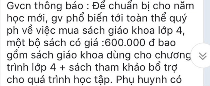 Thông báo của giáo viên chủ nhiệm Trường tiểu học Ninh Hiệp gửi nhóm kín phụ huynh đăng ký mua bộ sách 600.000 đồng. Ảnh: NVCC. Thông báo của giáo viên chủ nhiệm Trường tiểu học Ninh Hiệp gửi nhóm kín phụ huynh đăng ký mua bộ sách 600.000 đồng. Ảnh: NVCC.