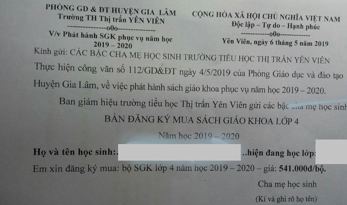 Một thông báo đăng ký mua sách gửi phụ huynh Trường tiểu học thị trấn Yên Viên gây bức xúc. Ảnh: NVCC. Một thông báo đăng ký mua sách gửi phụ huynh Trường tiểu học thị trấn Yên Viên gây bức xúc. Ảnh: NVCC.