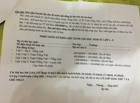 Tờ rơi quảng cáo và học phí học thêm cấp tiểu học tại Trung tâm luyện chữ đẹp Nét Hoa (ảnh: P.L) Tờ rơi quảng cáo và học phí học thêm cấp tiểu học tại Trung tâm luyện chữ đẹp Nét Hoa (ảnh: P.L)