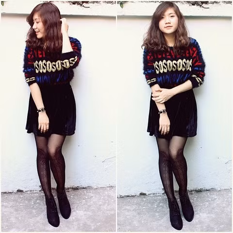 Áo len chui đầu thời trang cho những ngày đông lạnh được phối hợp với chân váy đen ngắn trên gối thật hài hòa. Một đôi vớ tattoo sẽ gia tăng độ nữ tính và trẻ trung.