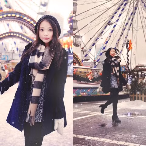 hân váy ngắn, áo khoác dài và thêm một chiếc khăn quàng cổ độc đáo là công thức thời trang bạn hoàn toàn có thể học hỏi ở cô gái này.