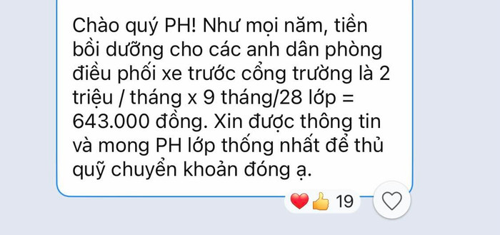 Đoạn tin nhắn của Ban đại diện cha mẹ học sinh gửi tới phụ huynh để vận động tiền Đoạn tin nhắn của Ban đại diện cha mẹ học sinh gửi tới phụ huynh để vận động tiền