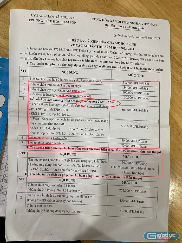 Ảnh tư liệu: Khoản thu dự kiến thực hiện tại Trường tiểu học Lam Sơn, Quận 6 đầu năm. Ảnh tư liệu: Khoản thu dự kiến thực hiện tại Trường tiểu học Lam Sơn, Quận 6 đầu năm.