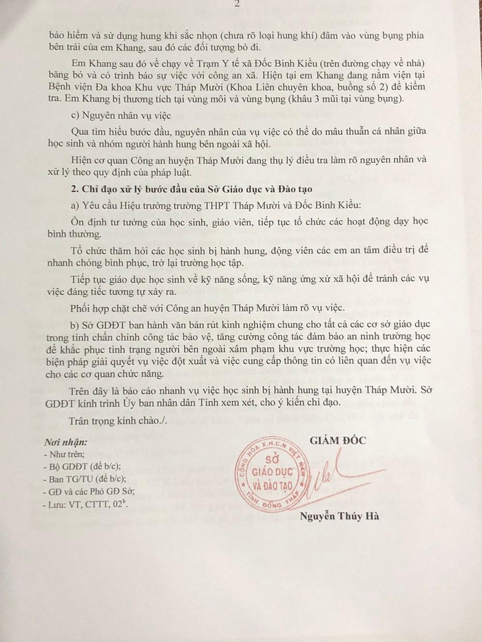 Văn bản chỉ đạo sau sự việc của Sở Giáo dục và Đào tạo tỉnh Đồng Tháp cung cấp cho phóng viên. Ảnh: Trung Dũng