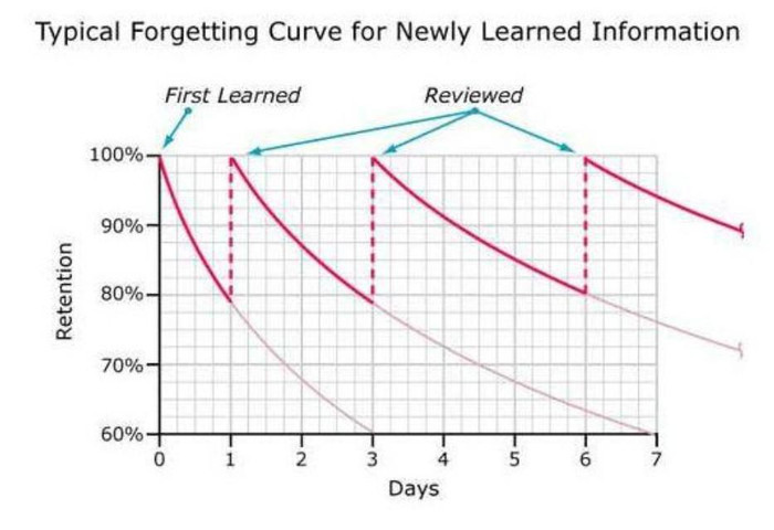 Biểu đồ “Hiệu ứng giãn cách”. Mỗi lần ôn tập, đường cong sẽ được đẩy lên và lượng kiến thức được giữ lại sẽ tăng theo. (Ảnh: Thạc sĩ Nguyễn Viết Hiền cung cấp)