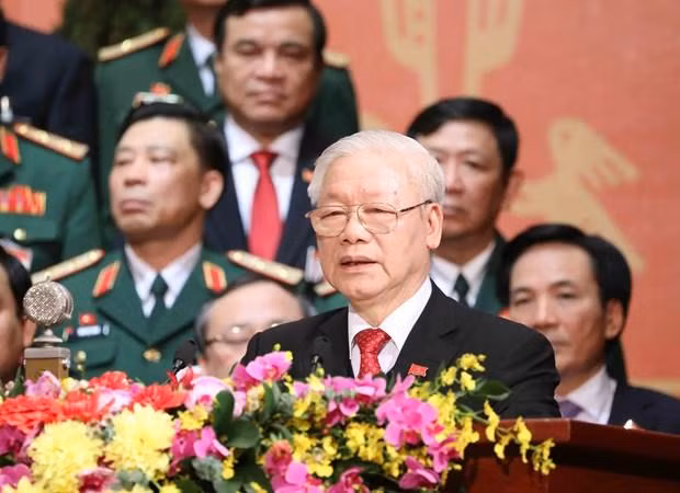 Đồng chí Nguyễn Phú Trọng, Tổng Bí thư Ban Chấp hành Trung ương khóa XIII, Chủ tịch nước Cộng hoà Xã hội Chủ nghĩa Việt Nam thay mặt Ban Chấp hành Trung ương khóa XIII phát biểu ý kiến. (Ảnh: TTXVN)