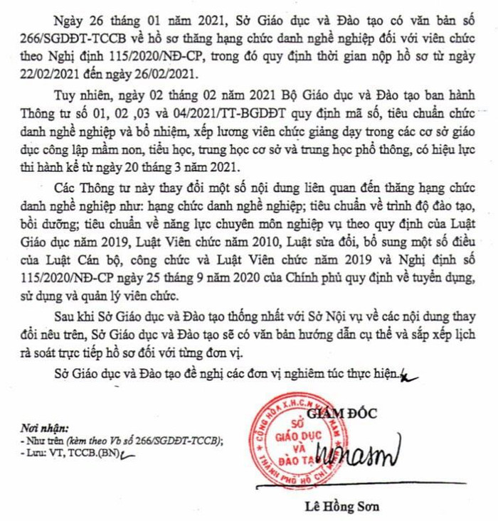 Công văn số 478/SGDĐT-TCCB của Sở Giáo dục và Đào tạo. (Ảnh do tác giả cung cấp) Công văn số 478/SGDĐT-TCCB của Sở Giáo dục và Đào tạo. (Ảnh do tác giả cung cấp)