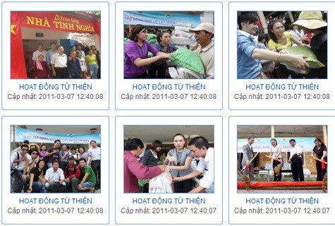 Trang web chính thức của Công ty CP Hùng Vương xuất hiện khá nhiều hình ảnh từ thiện của Mỹ Tâm. Ảnh: chụp lại từ web chính thức của công ty CP Hùng Vương.