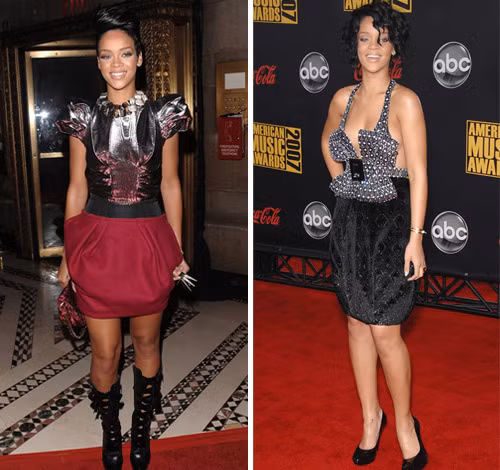 Bộ đồ của Louis Vuitton (bên trái) và chiếc váy của Armani Prive (bên phải) đã lột tả được hết phong cách thời trang của Rihanna: sành điệu, cá tính và đầy táo bạo