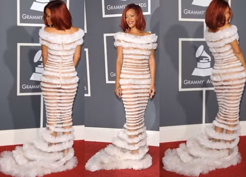Rihanna gây “sốc” cho báo giới khi xuất hiện tại lễ trao giải Grammy 2011 trong chiếc váy “nhìn xuyên thấu”