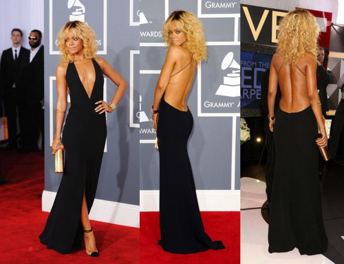 Tại lễ trao giải Grammy 2012 vừa qua, Rihanna diện chiếc váy của Giorgi Armani với đường khoét sâu ở phía trước, váy xẻ cao và đằng sau là hở cả tấm lưng tuyệt đẹp.