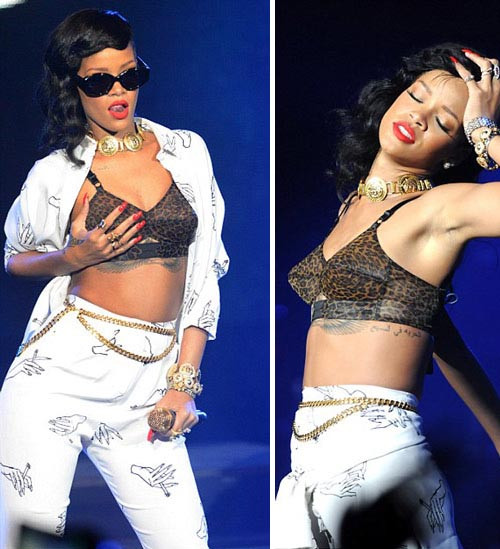 Rihanna gần đây thường xuất hiện trang phục áo croptop hoặc áo cúp ngực hết sức "táo bạo". Trong tour diễn 777 nằm trong tour diễn thứ 6 ở London, Rihanna xuất hiện với hình ảnh rất sexy, áo crop top da báo đầy quyến rũ lộ vòng eo săn chắc, mix cùng áo có họa tiết biểu tượng của bàn tay, thể hiện tính cách mạnh mẽ song vẫn đầy gợi cảm của Rihanna.