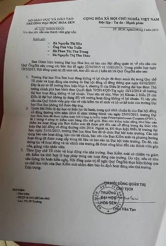 Thông báo số 498 của Chủ tịch HĐQT Hoa Sen trả lời cho các thành viên góp vốn của trường (ảnh: T.Q) Thông báo số 498 của Chủ tịch HĐQT Hoa Sen trả lời cho các thành viên góp vốn của trường (ảnh: T.Q)