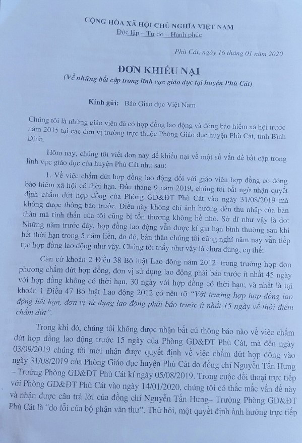 Đơn khiếu nại do giáo viên hợp đồng huyện Phù Cát gửi tới Báo điện tử Giáo dục Việt Nam (Ảnh:V.N) Đơn khiếu nại do giáo viên hợp đồng huyện Phù Cát gửi tới Báo điện tử Giáo dục Việt Nam (Ảnh:V.N)