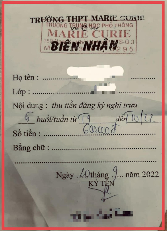 Biên nhận thu tiền nghỉ trưa của học sinh Trường Marie Curie (ảnh: CTV) Biên nhận thu tiền nghỉ trưa của học sinh Trường Marie Curie (ảnh: CTV)