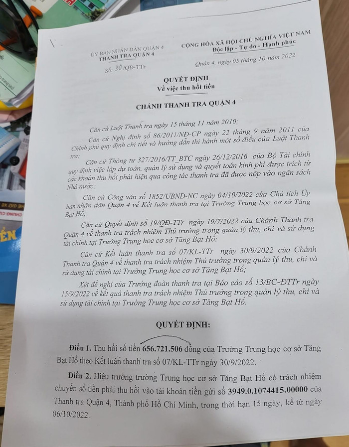 Trích quyết định số 30 của Chánh Thanh tra Quận 4 về việc thu hồi số tiền hơn 656 triệu đồng (ảnh: P.L) Trích quyết định số 30 của Chánh Thanh tra Quận 4 về việc thu hồi số tiền hơn 656 triệu đồng (ảnh: P.L)