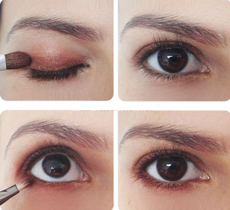 Đầu tiên, bạn vẫn phủ kem che khuyết điểm và kem lót cho bầu mắt như bình thường. Sau đó, dặm một lớp mỏng phấn tạo khối màu nâu lên bầu mắt trước khi phủ phấn má hồng lên trên. Bạn cần dùng chổi để đánh phấn mắt sắc nét. Đầu tiên, bạn vẫn phủ kem che khuyết điểm và kem lót cho bầu mắt như bình thường. Sau đó, dặm một lớp mỏng phấn tạo khối màu nâu lên bầu mắt trước khi phủ phấn má hồng lên trên. Bạn cần dùng chổi để đánh phấn mắt sắc nét.