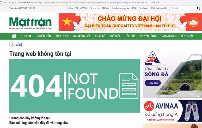 Bài báo về Đỗ Hoàng Anh Tuấn trên Tạp chí mặt trận đã bị xóa bỏ. Ảnh chụp màn hình.