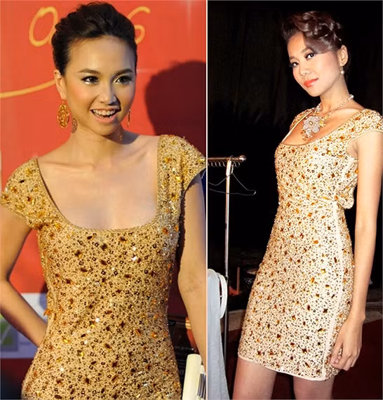 Ngọc Diệp và Thanh Hằng: Người khoe ngực đầy, người khoe chân dài trong cùng một mẫu váy. (Tổng hợp: Diễm Hà)