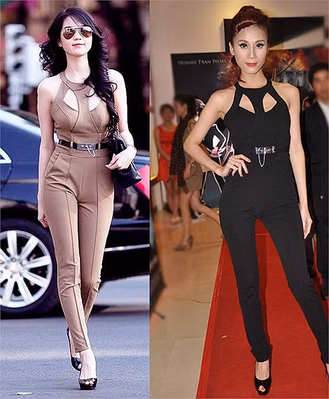 Thái Hà và Ngọc Trinh cùng mặc jumsuit khoe dáng chuẩn.