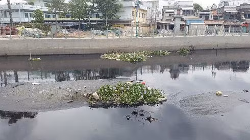 Ngoài rác thải còn xuất hiện cả bùn thải nổi như đảo giữa lòng kênh vừa được nạo vét, cải tạo (Ảnh: T.Q)