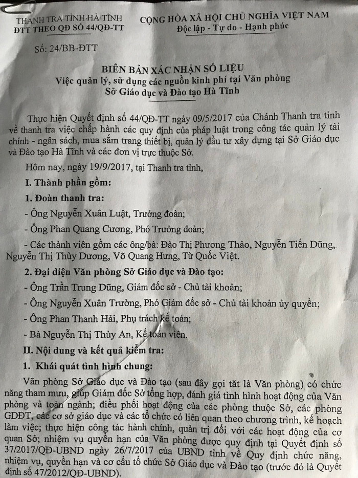 Biên bản xác nhận số liệu số 24/BB-ĐTT của Thanh tra tỉnh Hà Tĩnh Biên bản xác nhận số liệu số 24/BB-ĐTT của Thanh tra tỉnh Hà Tĩnh
