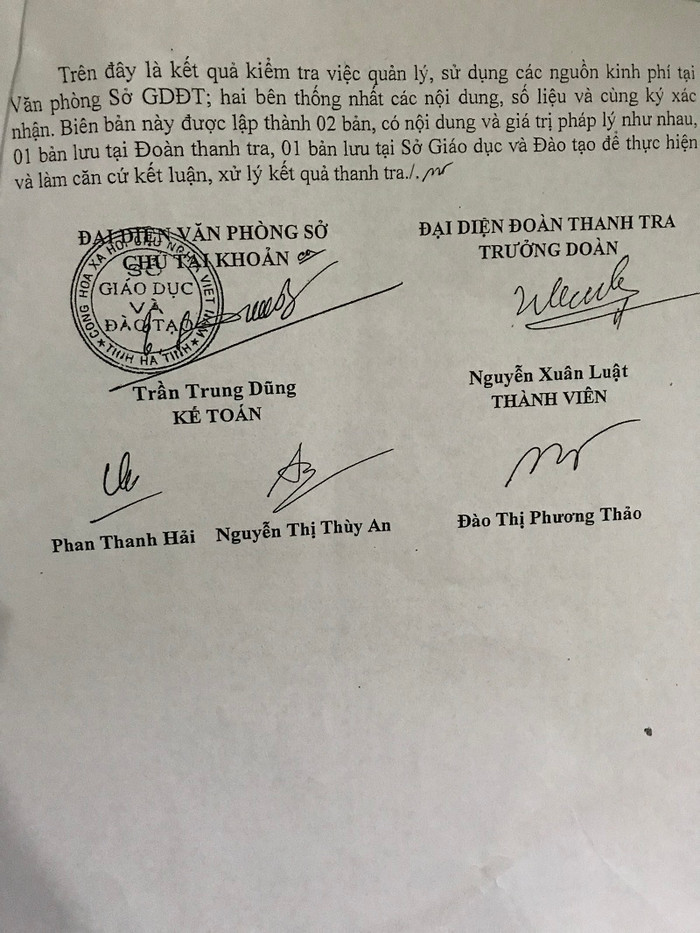 Biên bản xác nhận số liệu số 24/BB-ĐTT giữa Đoàn thanh tra và Đại diện văn phòng Sở Giáo dục và Đào tạo Hà Tĩnh