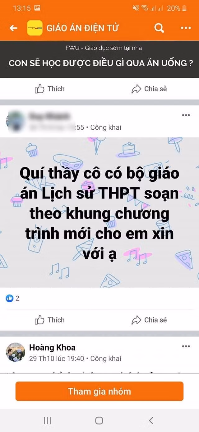 Giáo án được giáo viên đăng xin trên Facebook (Ảnh chụp màn hình do tác giả cung cấp) Giáo án được giáo viên đăng xin trên Facebook (Ảnh chụp màn hình do tác giả cung cấp)