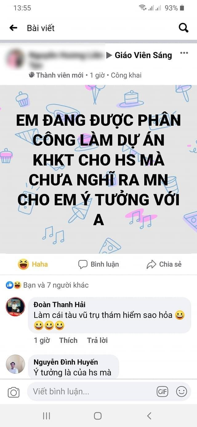 Ý tưởng đề tài Nghiên cứu khoa học kỹ thuật được giáo viên đăng xin trên Facebook (Ảnh chụp màn hình do tác giả cung cấp)