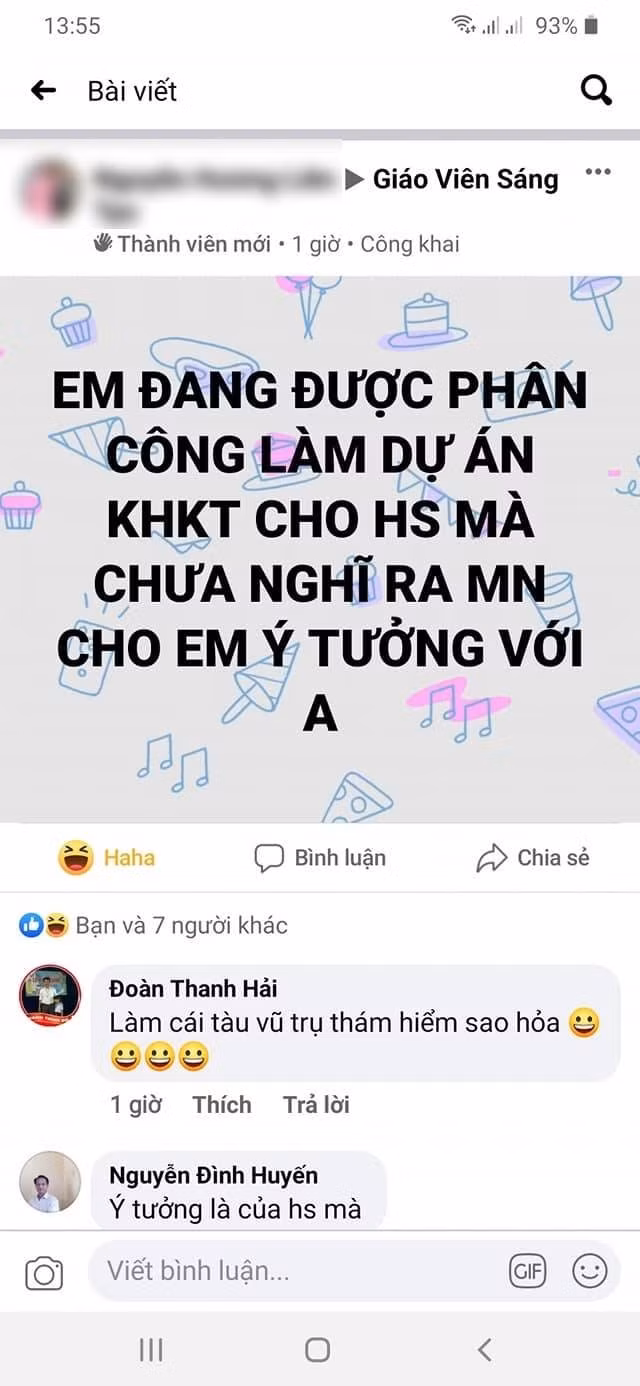 Ý tưởng đề tài Nghiên cứu khoa học kỹ thuật được giáo viên đăng xin trên Facebook (Ảnh chụp màn hình do tác giả cung cấp) Ý tưởng đề tài Nghiên cứu khoa học kỹ thuật được giáo viên đăng xin trên Facebook (Ảnh chụp màn hình do tác giả cung cấp)