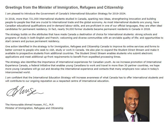 Thông điệp từ Bộ trưởng Bộ Di trú, Người tị nạn và Quyền công dân Canada về Chiến lược giáo dục quốc tế của Chính phủ Canada giai đoạn 2019-2024 Thông điệp từ Bộ trưởng Bộ Di trú, Người tị nạn và Quyền công dân Canada về Chiến lược giáo dục quốc tế của Chính phủ Canada giai đoạn 2019-2024