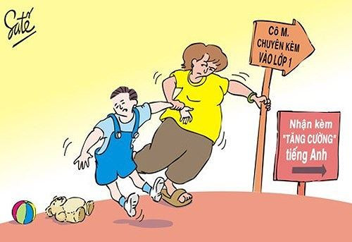 Việc cho trẻ học thêm từ khi còn 4 tuổi là nhu cầu của nhiều phụ huynh hiện nay. (Hình biếm họa về dạy thêm học thêm của Satế) Việc cho trẻ học thêm từ khi còn 4 tuổi là nhu cầu của nhiều phụ huynh hiện nay. (Hình biếm họa về dạy thêm học thêm của Satế)