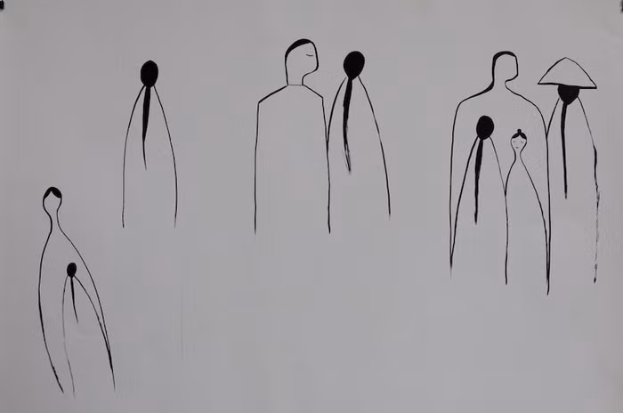 Tác phẩm minh họa bằng mực nho trong "Chuyện nhà Dr Thanh" của họa sĩ Lê Thiết Cương.